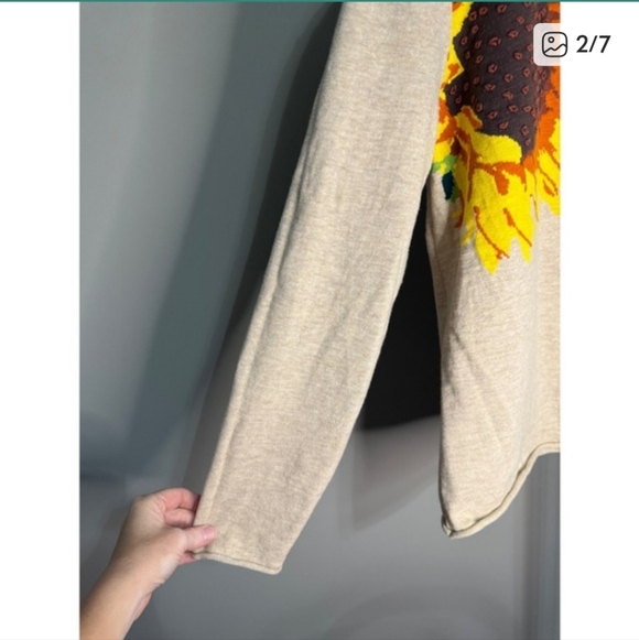 Coldwater Creek 100% Cotton Beige Sunflower Long Sleeve Sweater Top Large - Picture 2 of 7